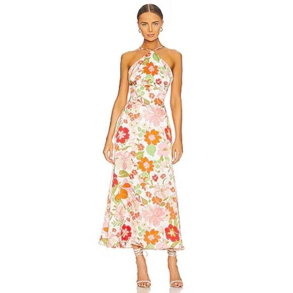 NEW Elliatt $185 Khloe 70s Style Floral Satin Halter Tie Back Maxi Dress SZ L